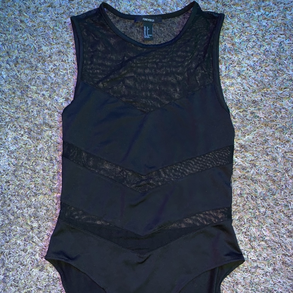 Black patterned partial mesh bodysuit!